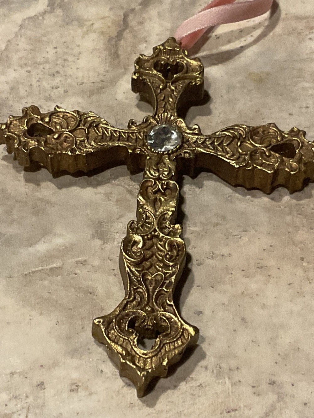 Ornate Cross Ornament Lightweight Gold 5” on velvet ribbon - Picture 3 of 10